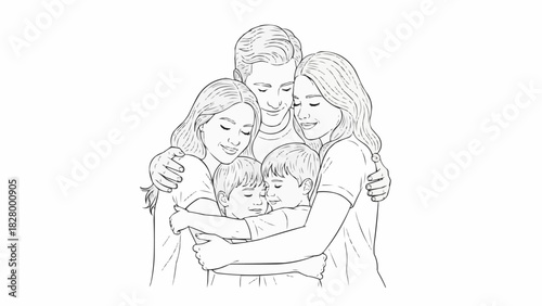 Happy Family Hugging Together Line Art Drawing Illustration.