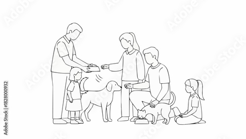 Family Bonding with Pets - A Heartwarming Line Art Illustration.