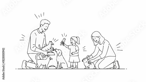 Happy family playing with their beloved dogs, enjoying quality time together.