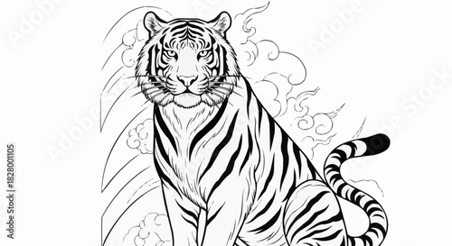 Majestic Tiger Sitting Proudly with Striking Black Stripes.