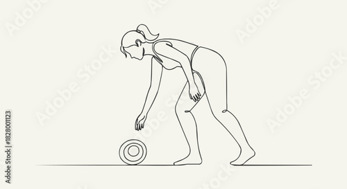 Woman bowling in continuous line art style, minimalist design.