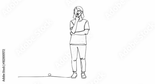 Continuous line drawing of a thoughtful woman in a pensive pose.
