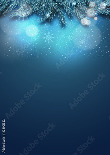 Blue Christmas Background with Pine Branches and Space for Text. Merry Christmas and Happy New Year