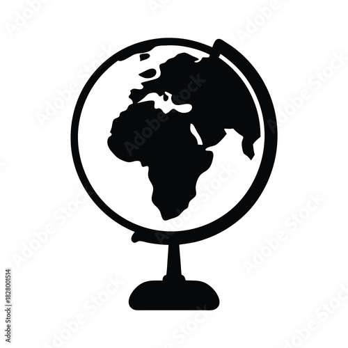 Stylized black and white globe icon depicting earth on a stand