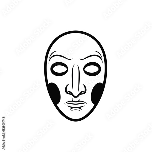 Black and white graphic of a stylized mask with oval eyes