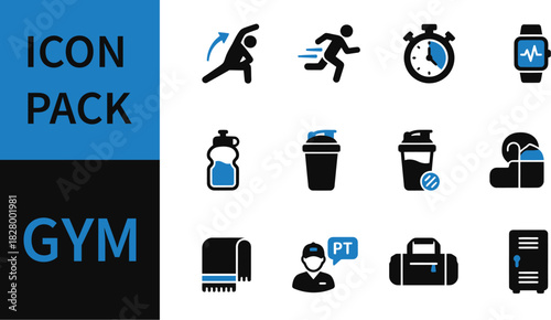 Collection of gym and fitness icons including stretching, running, stopwatch, smartwatch, water bottle, shaker, towel, personal trainer, gym bag, and air conditioner.