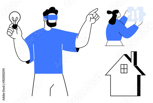 Man with augmented reality glasses holding a bulb and pointing. Woman arranging puzzle pieces. Simple house outline. Ideal for innovation, teamwork, virtual reality, problem-solving, ideas