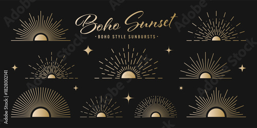 Vintage golden sunburst, sunset beams collection. Boho style, modern minimalist bohemian design. Hand drawn bursting sun, light rays. Logotype or lettering retro design element. Vector illustration
