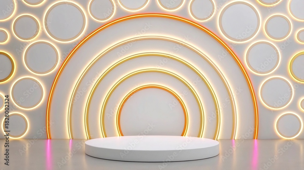 Obraz premium New Free circles in green and gold colors. 3d rendering,Interior of a modern room with a marble wall and wooden floor Background