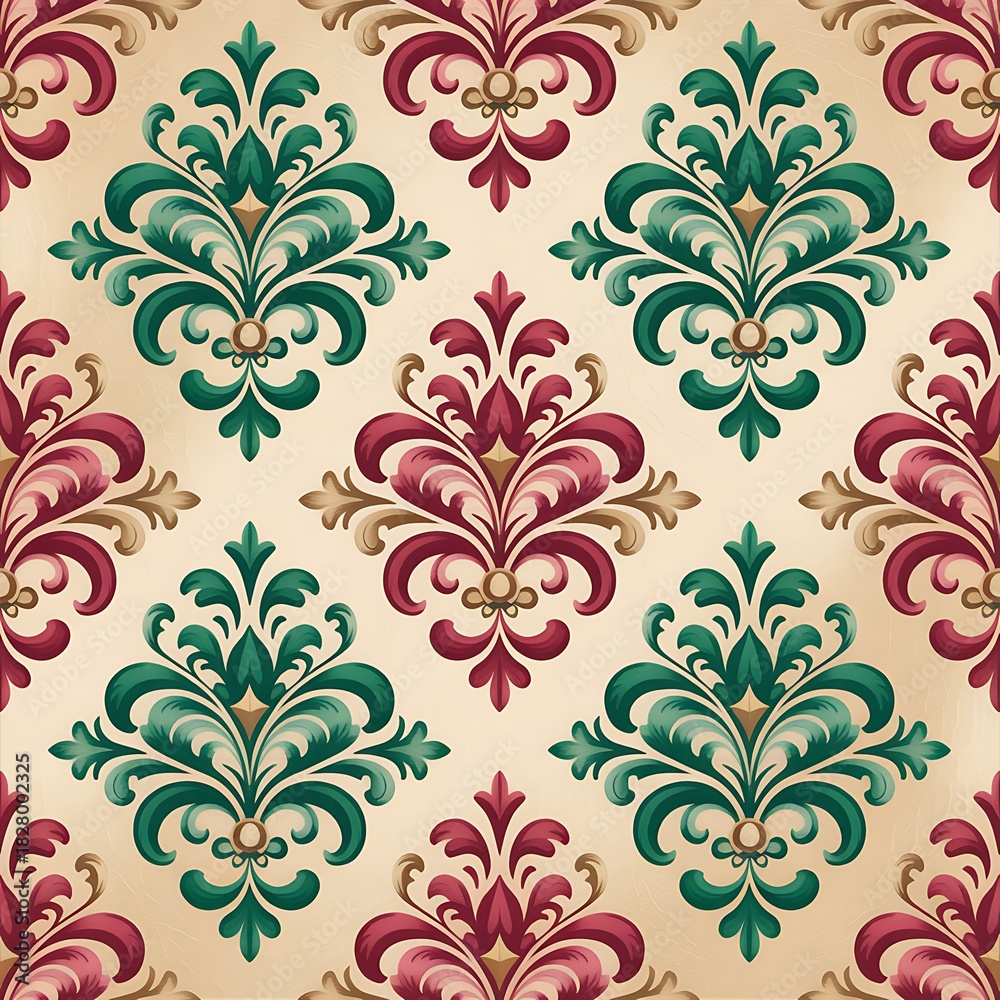 Fototapeta premium Elegant seamless damask pattern with ornate floral motifs in rich red and green hues