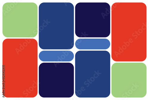 A dynamic, multicolored abstract pattern featuring an arrangement of rounded rectangles in various sizes and orientations, creating a modern graphic design background