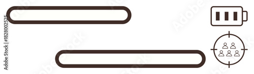 Progress bars indicating stages of completion, battery symbol denoting energy, teamwork target visual. Ideal for productivity, goal monitoring, time management, resource allocation, teamwork, energy