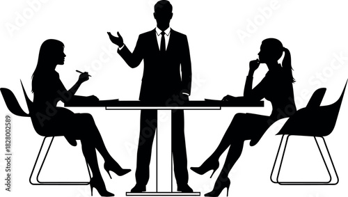 Business meeting silhouette with professional team discussing strategy, collaboration, leadership, and decision-making in corporate office environment illustration
