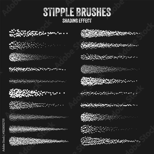 Ink scatter brush, stipple drawing and texturing. Fading gradient. Stippling, dotwork drawing, shading using dots. Halftone disintegration effect. White noise grainy texture. Vector illustration