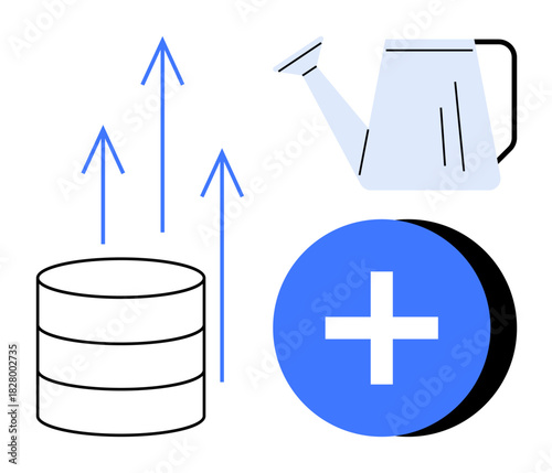 Data growth concept. Database, development symbols thumbs up arrows and watering can, plus sign depict data expansion and nurturing. Data for business, tech, growth, analytics, innovation