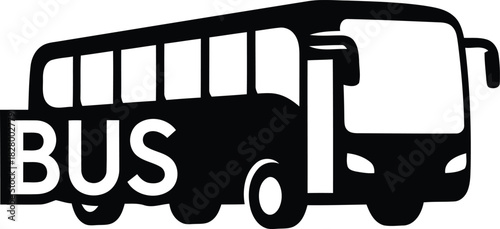 Bus transportation icon with text, simple black silhouette vector