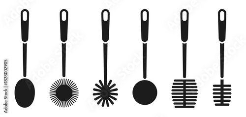 Six distinct black silhouette icons depicting different types of toilet brushes and cleaning tools for bathroom hygiene and sanitation, vector.