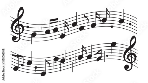 Wavy musical staffs with various black notes, treble clefs, and symbols depicting melody, harmony, and composition, a creative illustration.