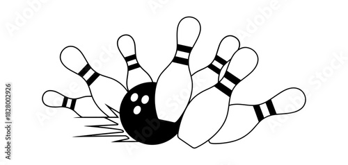 Bowling ball striking white pins in a dynamic vector illustration, depicting the exciting moment of a perfect strike in a fun bowling game.