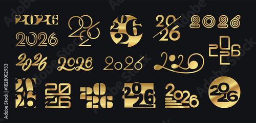 2026 Happy New Year gold numbers set. Gradient digits on black. Luxury festive holiday element for postcard, invitation, banner, poster. Vector illustration
