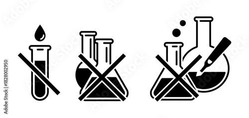 Chemical laboratory safety rules and hazardous substance warning icon set depicting restricted test tubes, flasks for scientific experiments