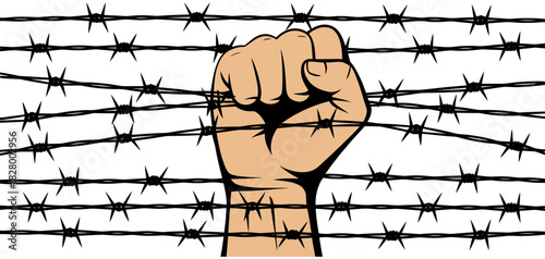 Clenched fist breaking through sharp barbed wire, symbolizing resistance, freedom, and human rights in a powerful fight against oppression.