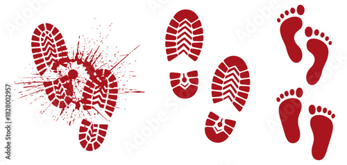 Red footprints and shoe prints vector illustration with blood-like splash, bare feet, and various boot marks on white for crime scene.