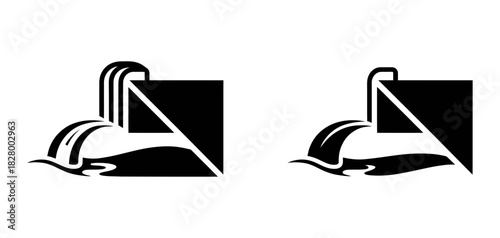 Black and white vector icon: water or liquid flowing from pipe, symbolizing pollution, industrial waste, environmental discharge or drainage.