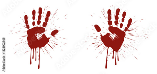 Bloody handprints with splatters creating a gruesome and unsettling visual, perfect for crime, horror, or forensic themes, on a clean background.