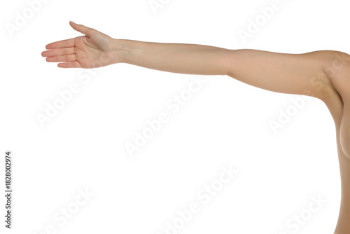 Studio shot of a woman’s arm extended forward in a front view of her torso on a white background.