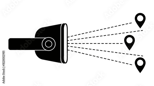 Flashlight beam illuminating multiple gps location pins, symbolizing search, discovery, targeting, navigation, and finding destinations or points of interest