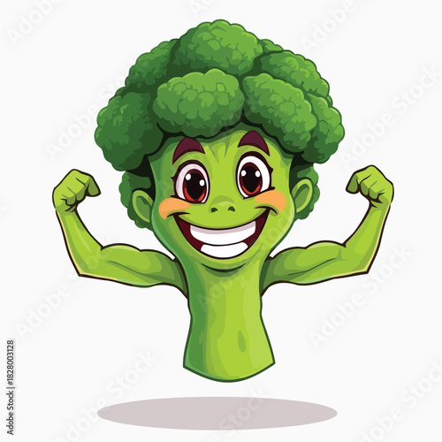 Strong cartoon broccoli character flexing muscles, healthy eating Vector