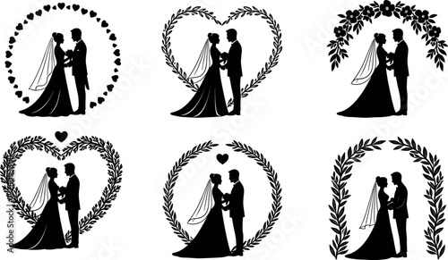 Romantic bride and groom silhouette with floral heart and wreath frames for wedding invitation, love celebration, and marriage design themes.