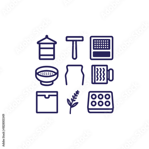 Collection of nine simple line art icons representing various objects
