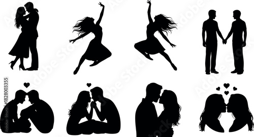Romantic couple silhouettes in love, dancing, kissing, sitting with hearts, expressive poses for Valentine’s Day, relationship, passion, and emotion.