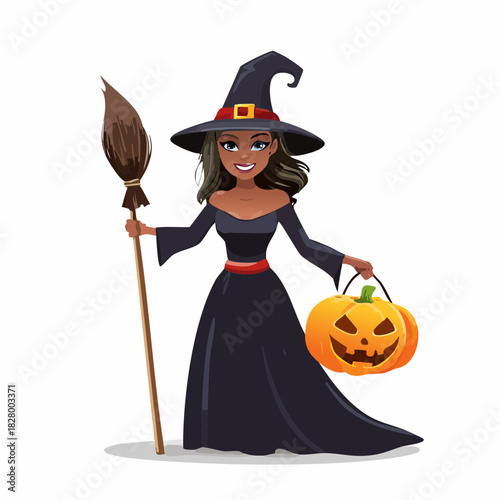 Cartoon witch character holding pumpkin lantern with broom for halloween design