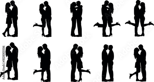 Romantic couple silhouette set showing love, intimacy, passion, embrace, kiss, affection, relationship poses for Valentine, wedding, and romance themes.