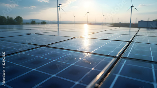 A wide solar panel array reflecting the soft morning light, accompanied by distant wind turbines for hybrid renewable power.