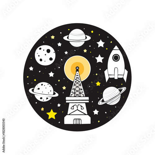 Celestial Exploration: A Stylized Vector Illustration of Space Elements and Transmission Tower