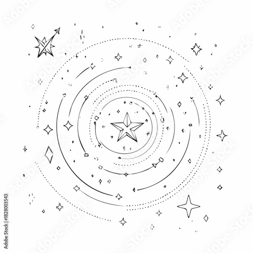 Celestial swirl: A captivating monochrome illustration of stars and cosmic orbits with a central