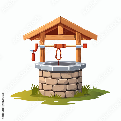 Charming cartoon illustration of a stone water well with a wooden roof structure