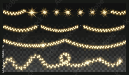 Festive christmas lights garland with glowing light bulbs for decoration, holiday celebration, and creating a warm and inviting atmosphere