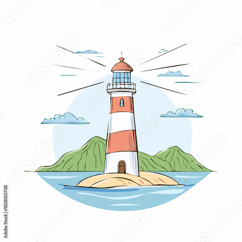 Charming lighthouse illustration guiding ships and symbolizing coastal navigation safety and