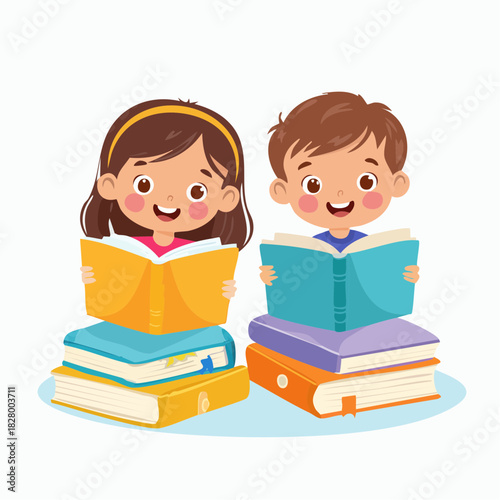 Charming illustration of two cheerful children engrossed in reading books together delightful scene