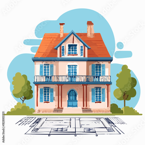 Charming illustration of a two-story house with a red tiled roof and blueprint layout