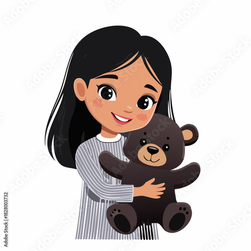 Charming Illustration of a Young Girl Embracing Her Teddy Bear with Affection and Joyful Expression