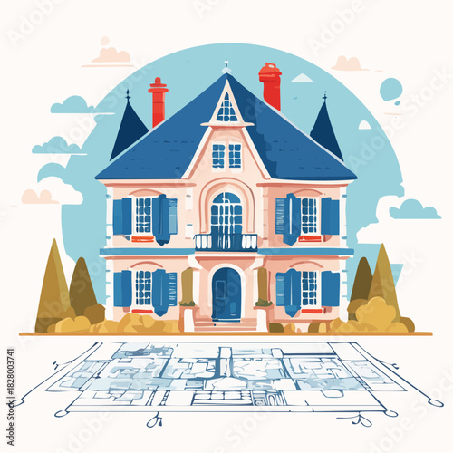 Charming traditional house illustration complemented by detailed architectural blueprint
