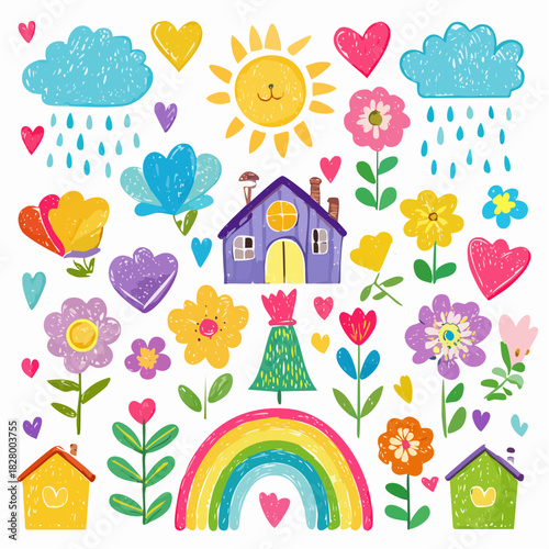 Charming whimsical vector illustration filled with vibrant hand drawn elements design