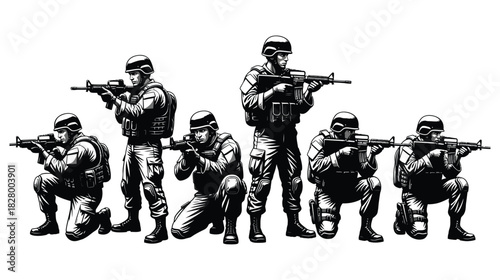 Group of soldiers in combat gear aiming rifles, a powerful monochrome illustration isolated on white background, conveying strength and readiness