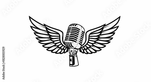 Vintage Microphone with Wings Black and White Illustration.